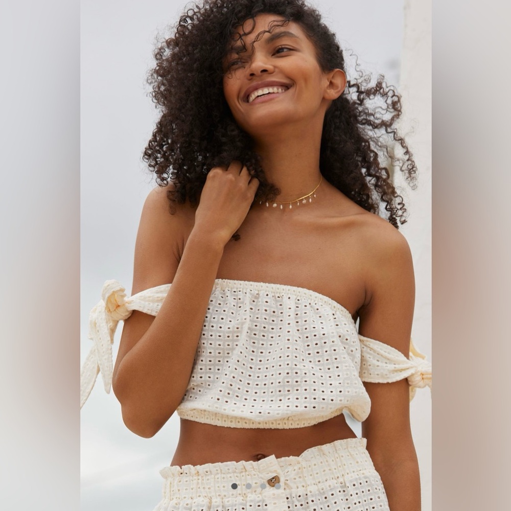 Anthropologie Cream 100% Eyelet Cotton Off The Shoulder Crop Top NWT 🔖
